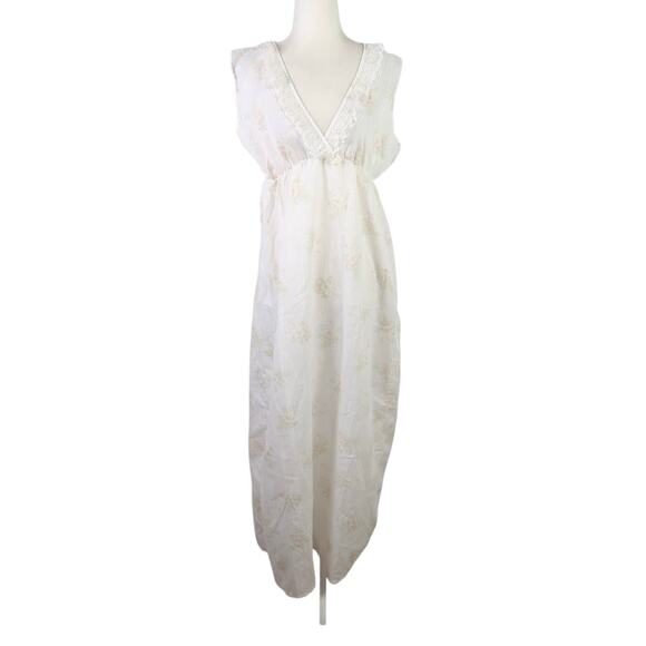 Vintage 70s cream and pink babydoll maxi nightgown dress M - Picture 1 of 5